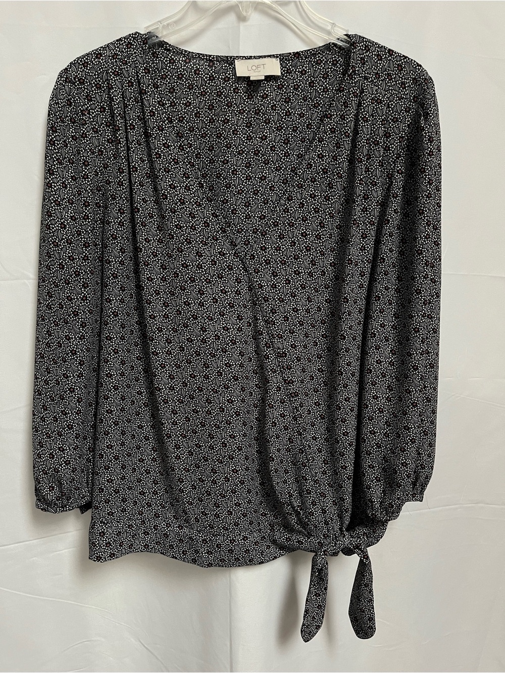 LOFT Black and White Micro Floral Wrap-Tie Blouse